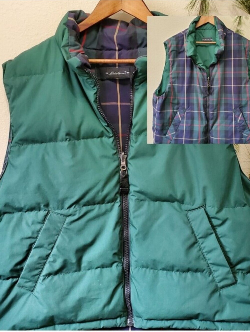 Eddie Bauer Reversible Goose Down Puffer Vest Green Plaid XL Vintage Unisex